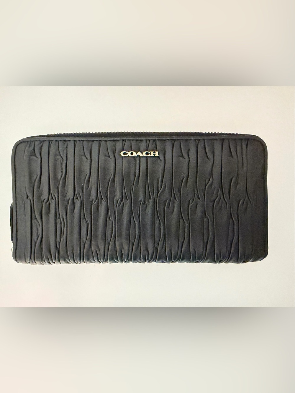Coach Madison Gathered Black Leather Accordion Zip Wallet